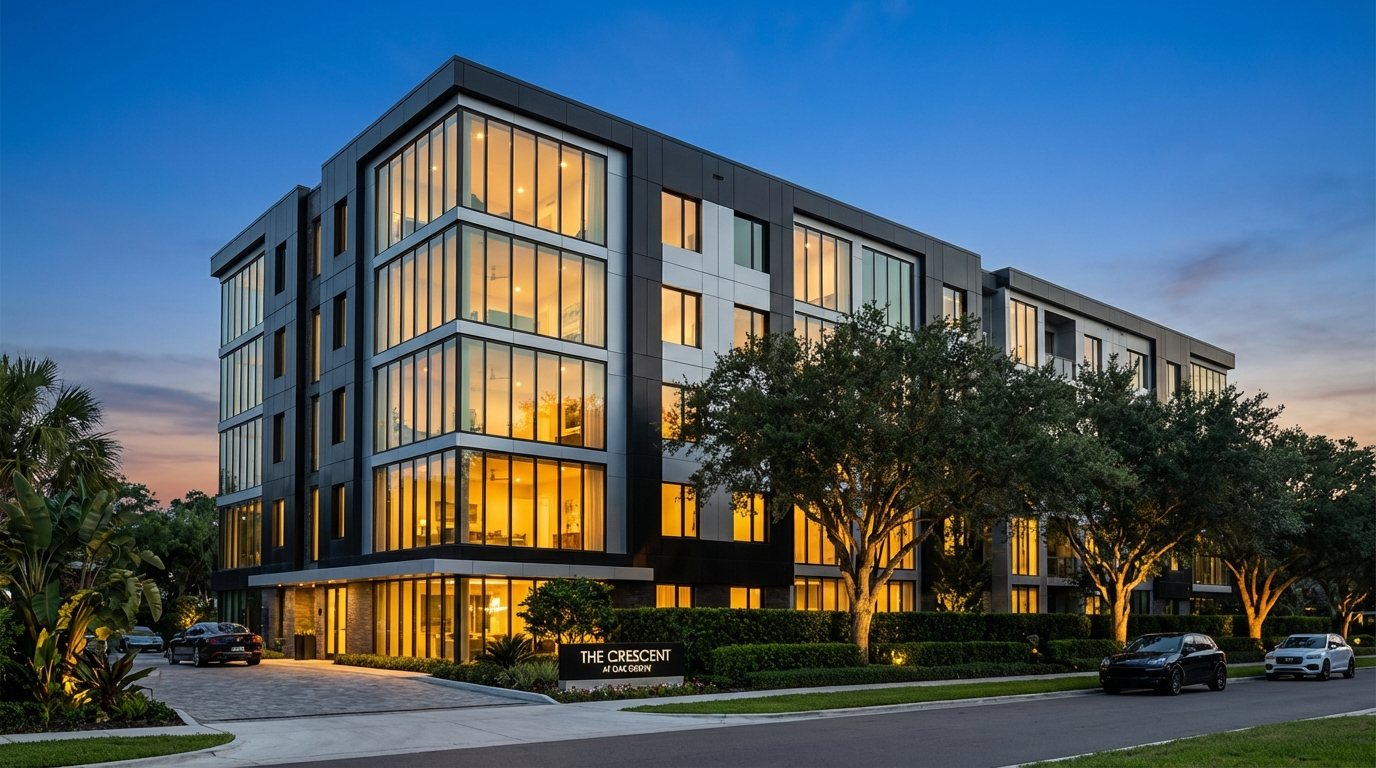 Building exterior at twilight