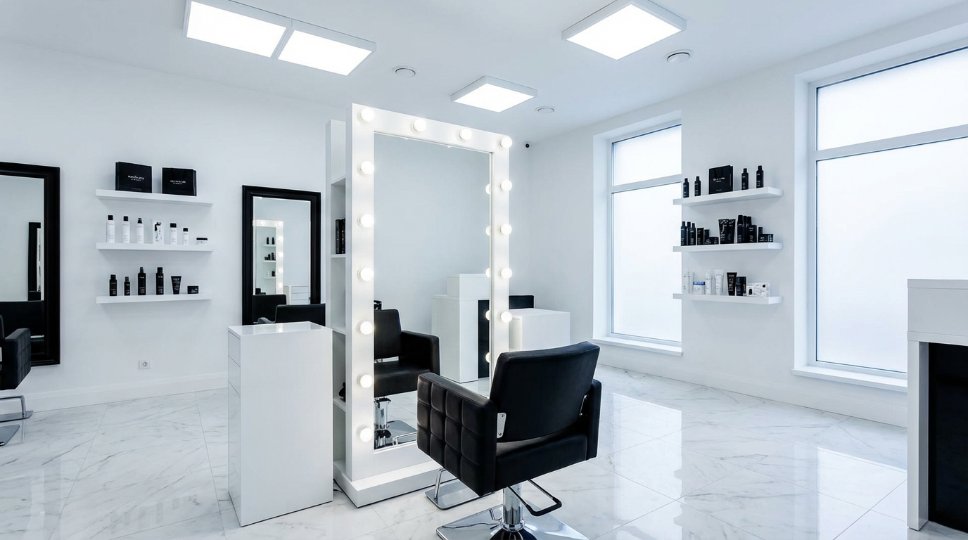 Bright modern salon styling suite with Hollywood mirror and marble floors