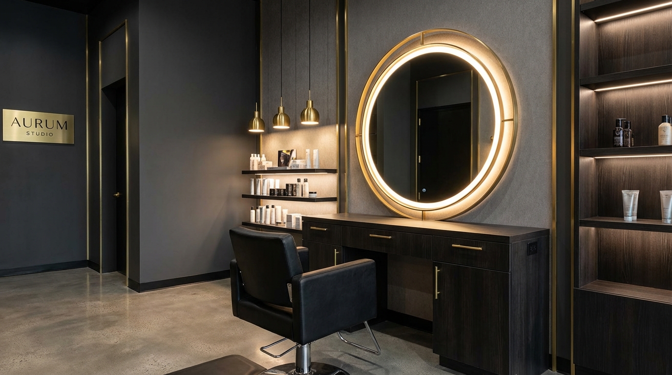 Luxury salon styling suite with illuminated mirror